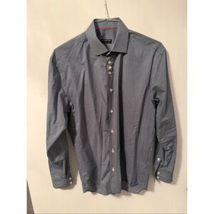 Masutto Men’s Button Up Long Sleeve Buttondown   Shirt Blue White dots Sz Large